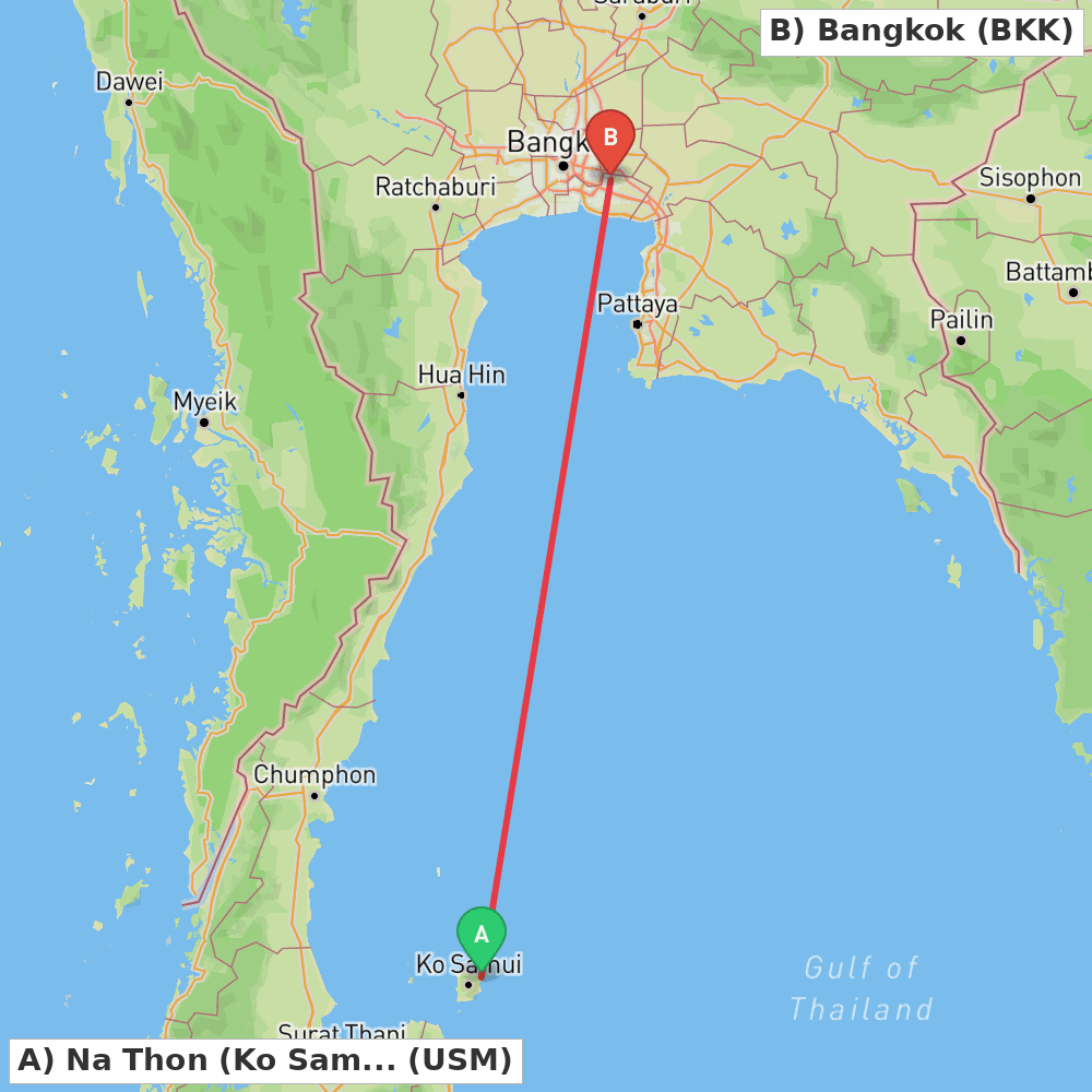 Flight route map from Na Thon (Ko Samui Island) to Bangkok