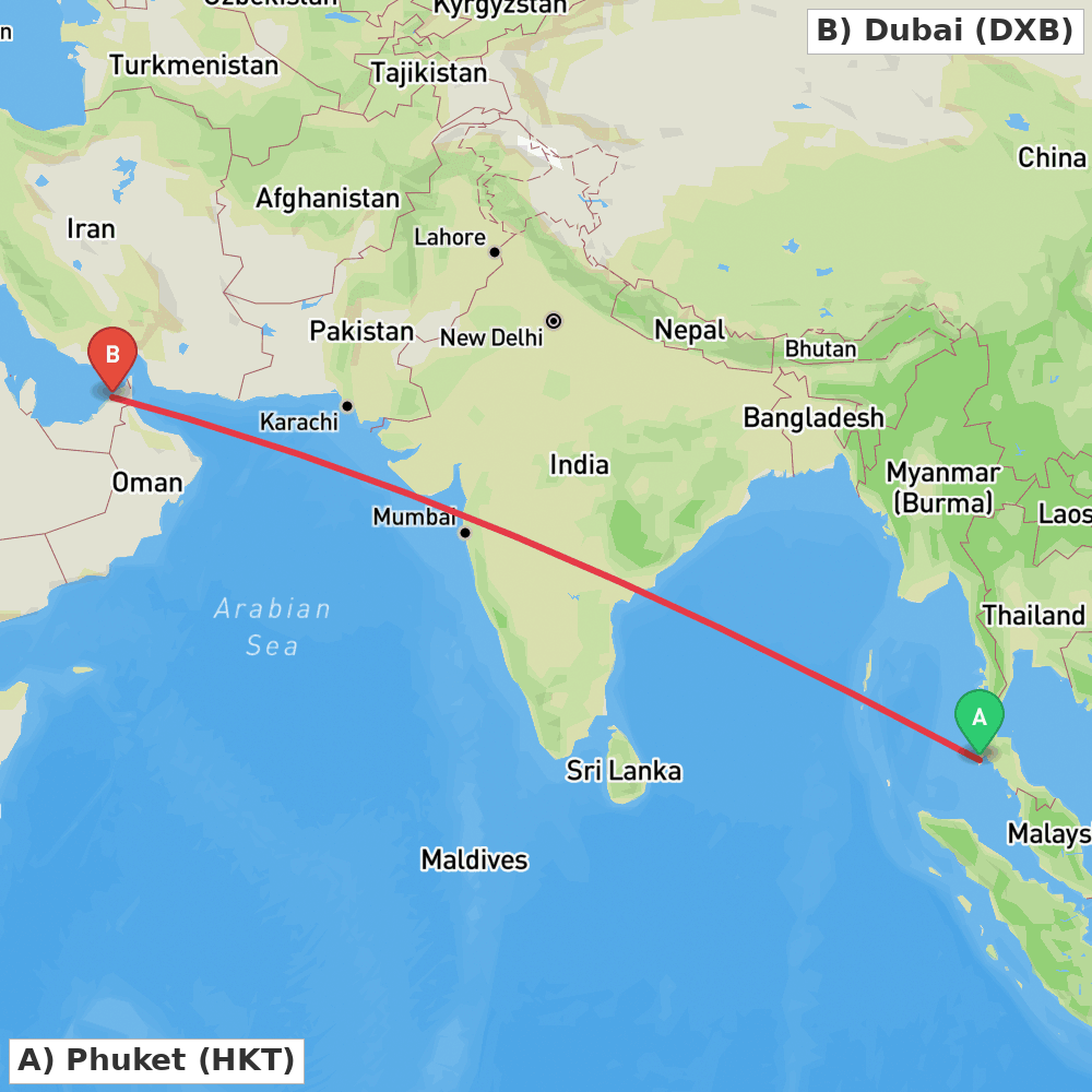 Flight route map from Phuket to Dubai