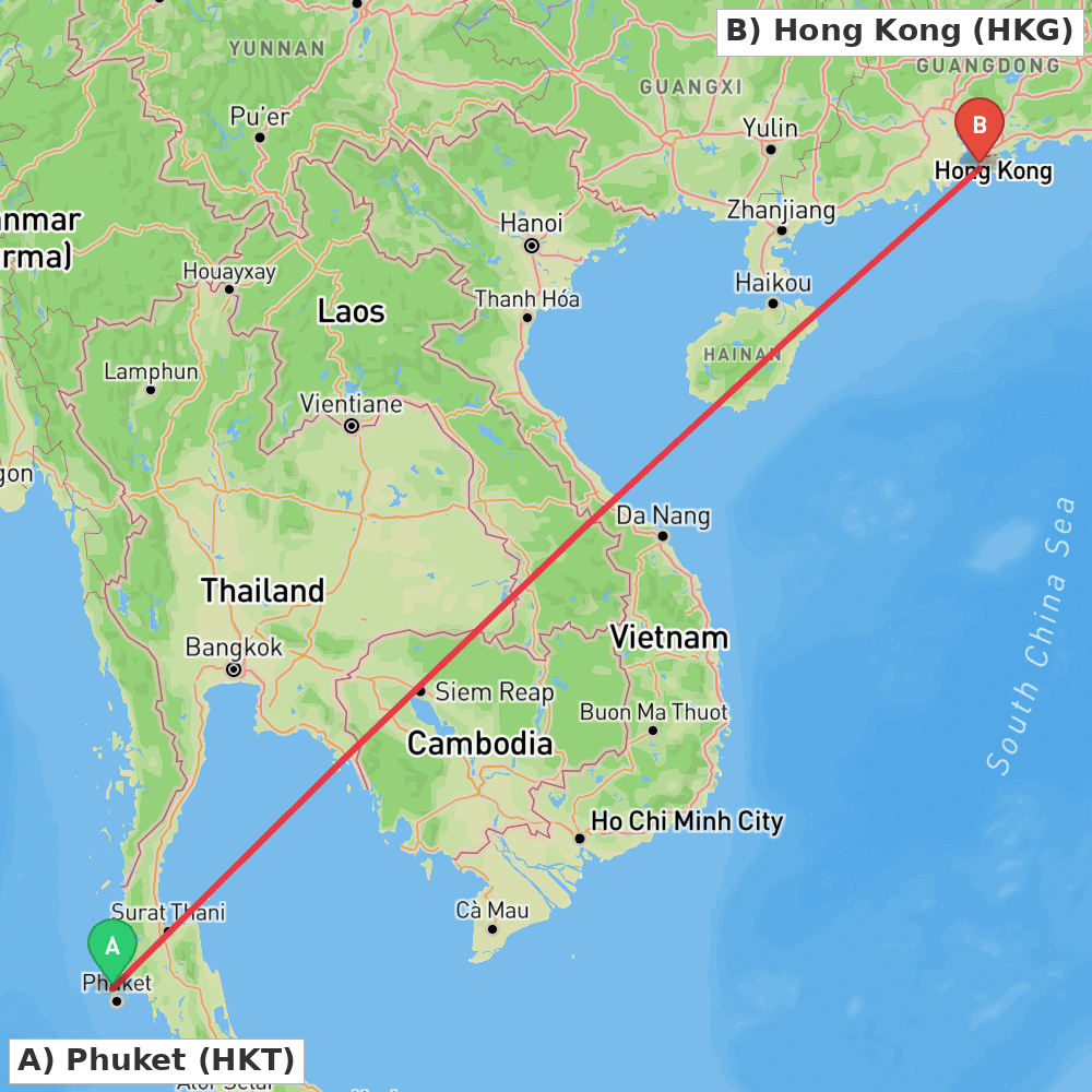 Flight route map from Phuket to Hong Kong