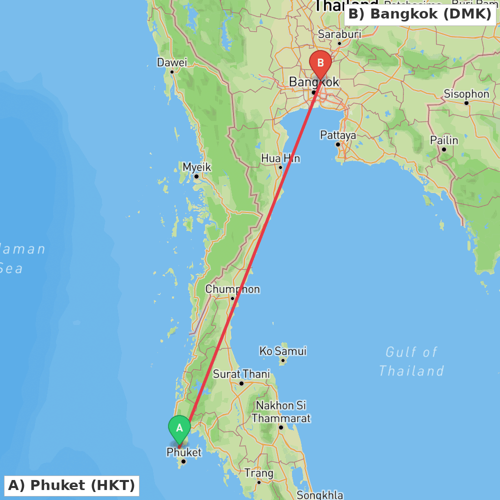 Flight route map from Phuket to Bangkok
