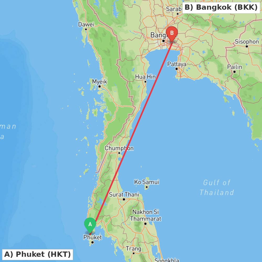 Flight route map from Phuket to Bangkok