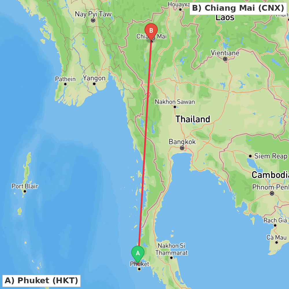 Flight route map from Phuket to Chiang Mai