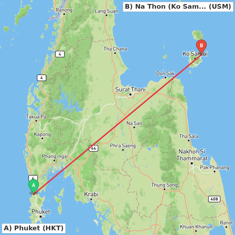 Flight route map from Phuket to Na Thon (Ko Samui Island)