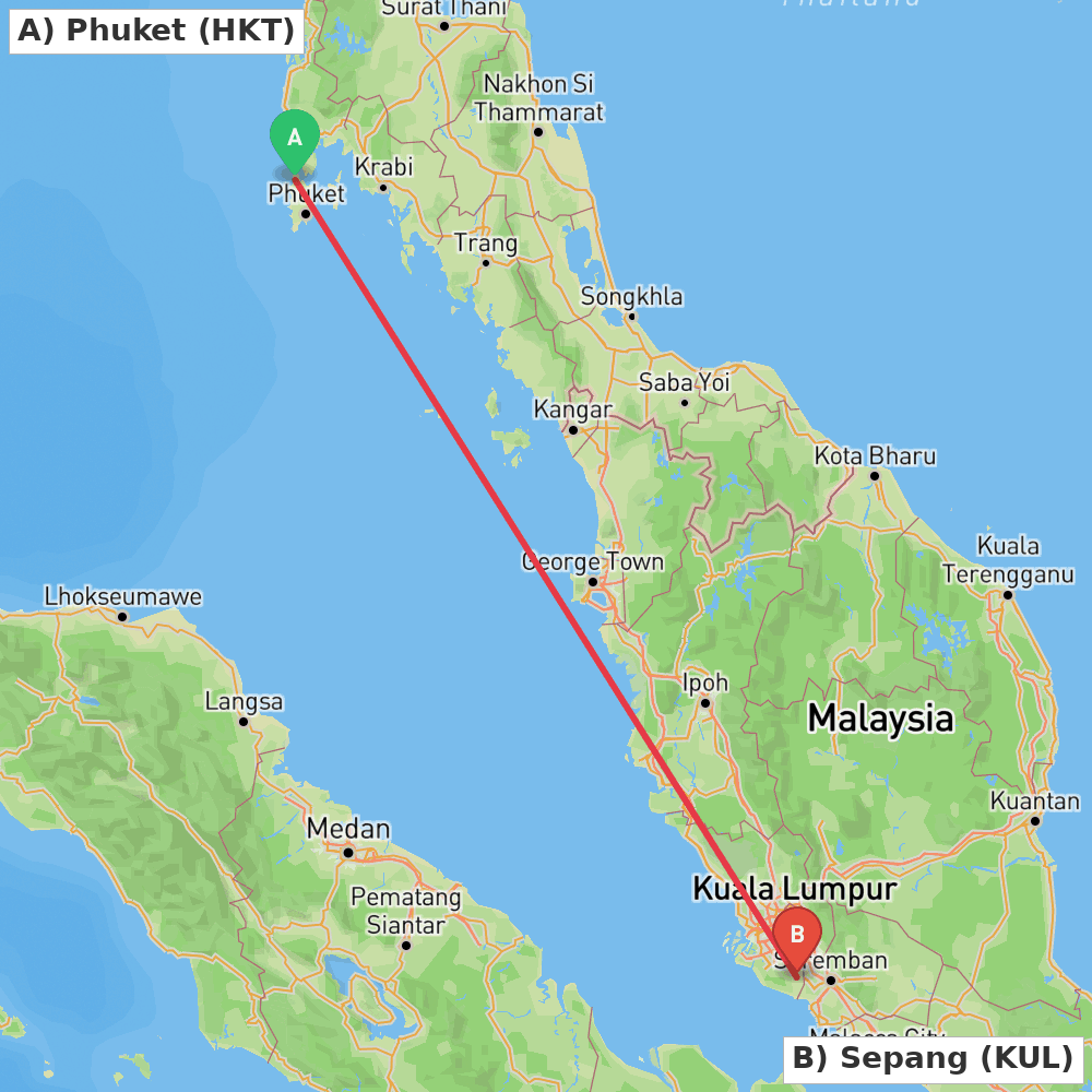 Flight route map from Phuket to Sepang