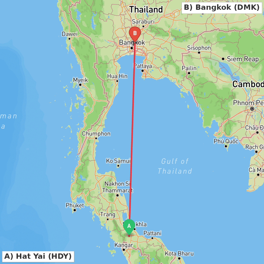 Flight route map from Hat Yai to Bangkok