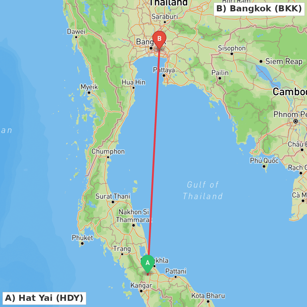 Flight route map from Hat Yai to Bangkok