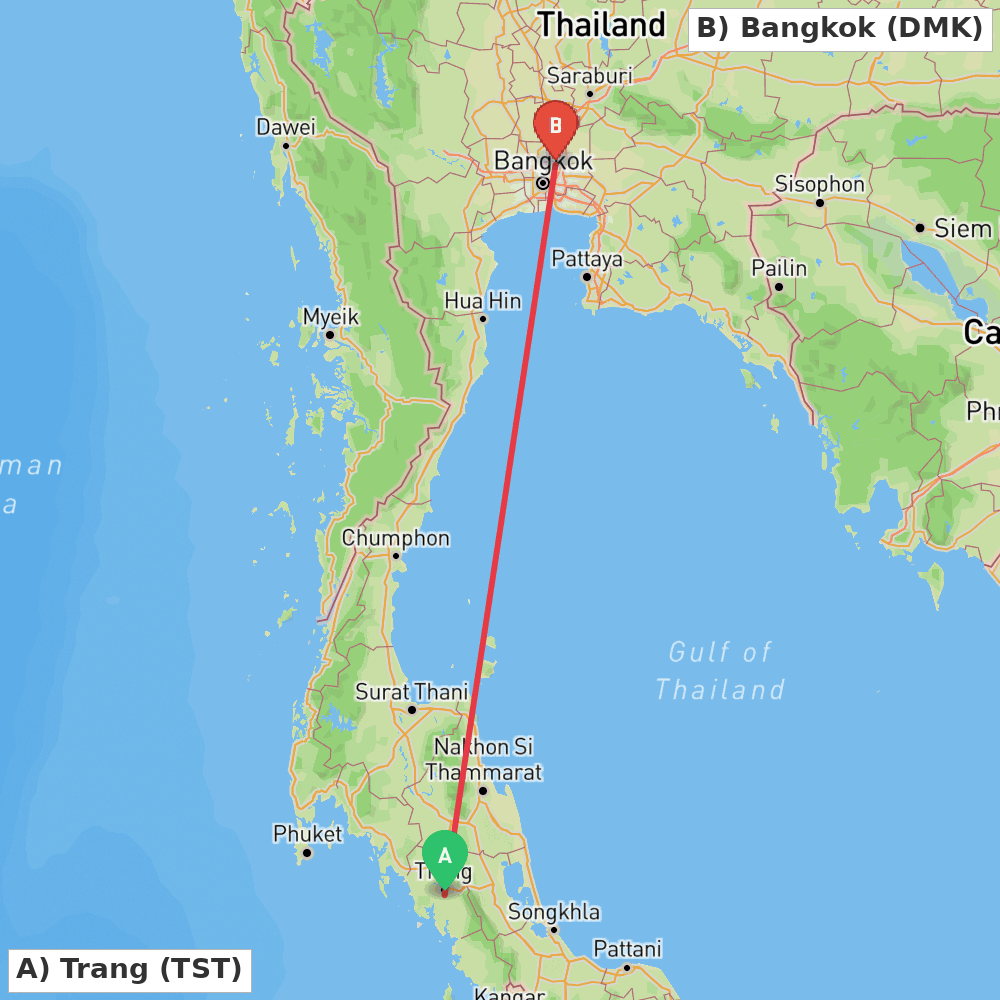 Flight route map from Trang to Bangkok