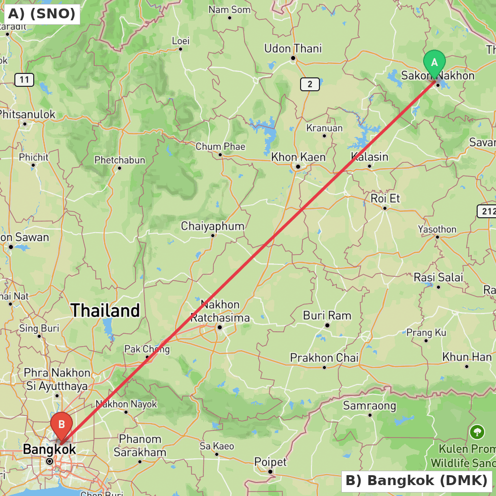 Flight route map from Sakon Nakhon to Bangkok