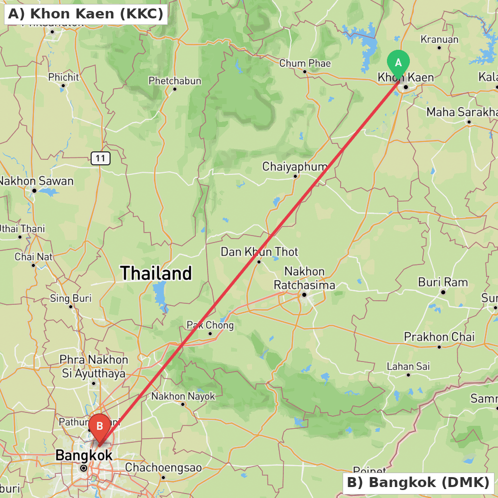 Flight route map from Khon Kaen to Bangkok