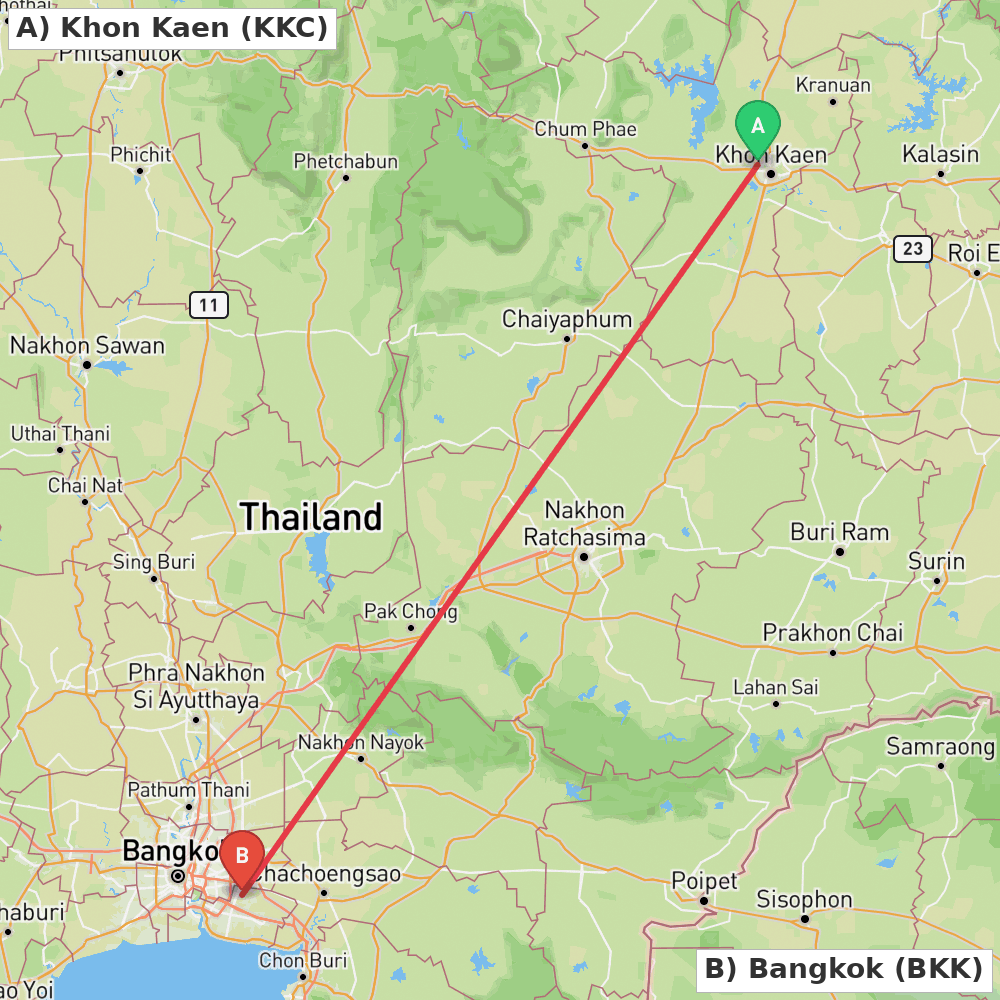 Flight route map from Khon Kaen to Bangkok
