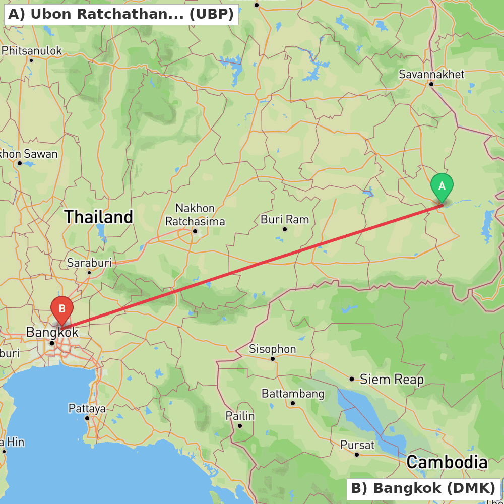 Flight route map from Ubon Ratchathani to Bangkok