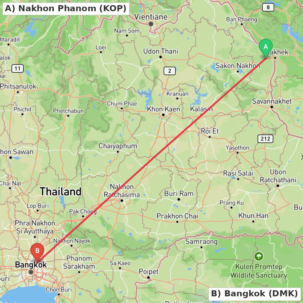 Flight route map from Nakhon Phanom to Bangkok