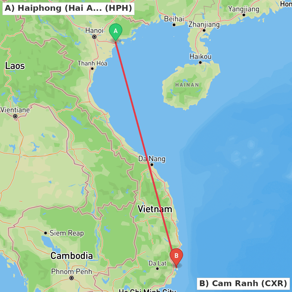 Flight route map from Haiphong (Hai An) to Cam Ranh