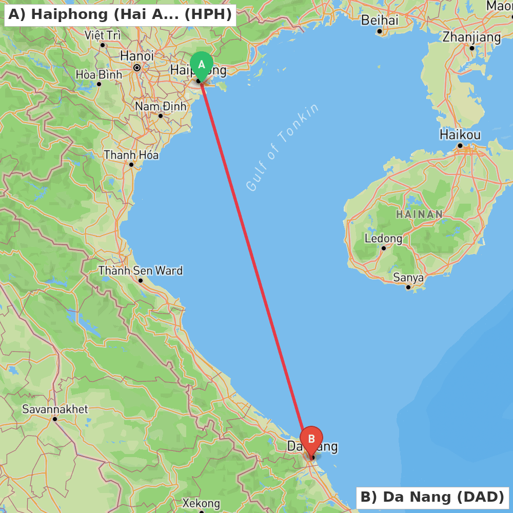 Flight route map from Haiphong (Hai An) to Da Nang