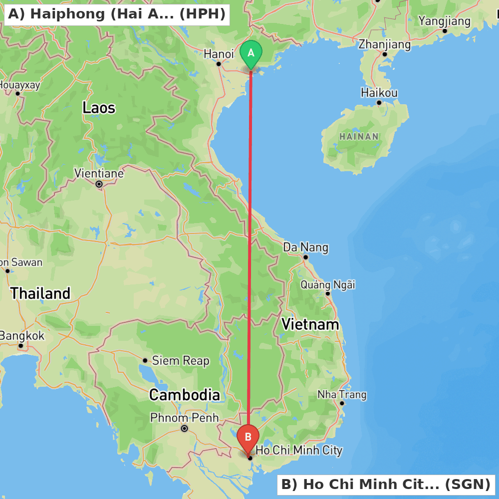 Flight route map from Haiphong (Hai An) to Ho Chi Minh City
