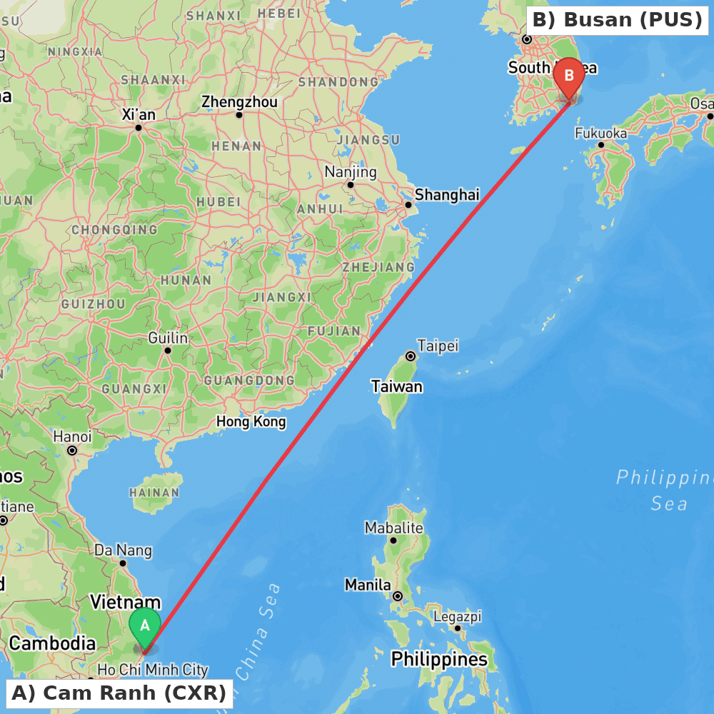 Flight route map from Cam Ranh to Busan