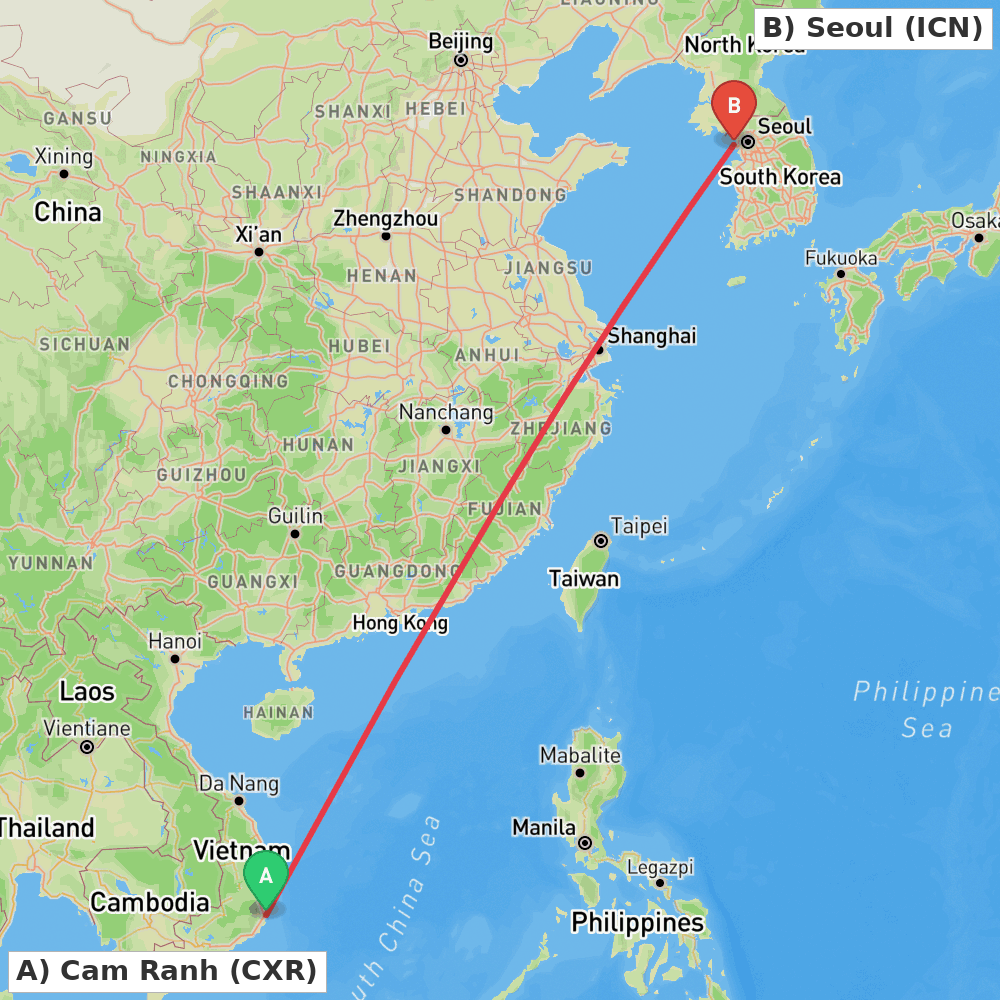 Flight route map from Cam Ranh to Seoul