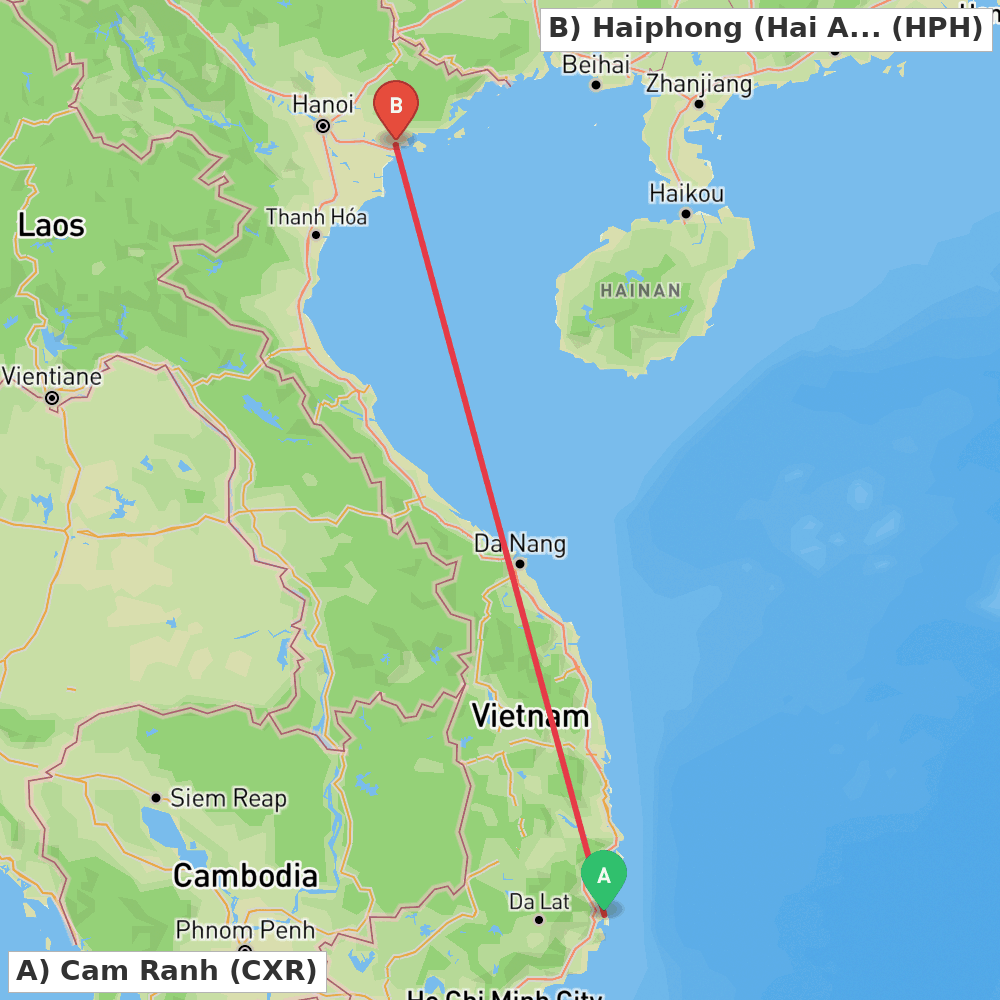 Flight route map from Cam Ranh to Haiphong (Hai An)