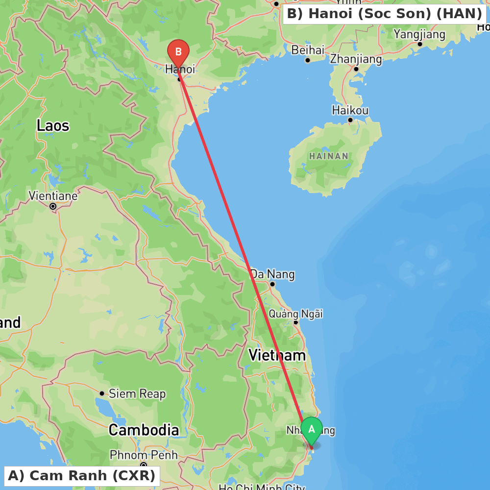 Flight route map from Cam Ranh to Hanoi (Soc Son)