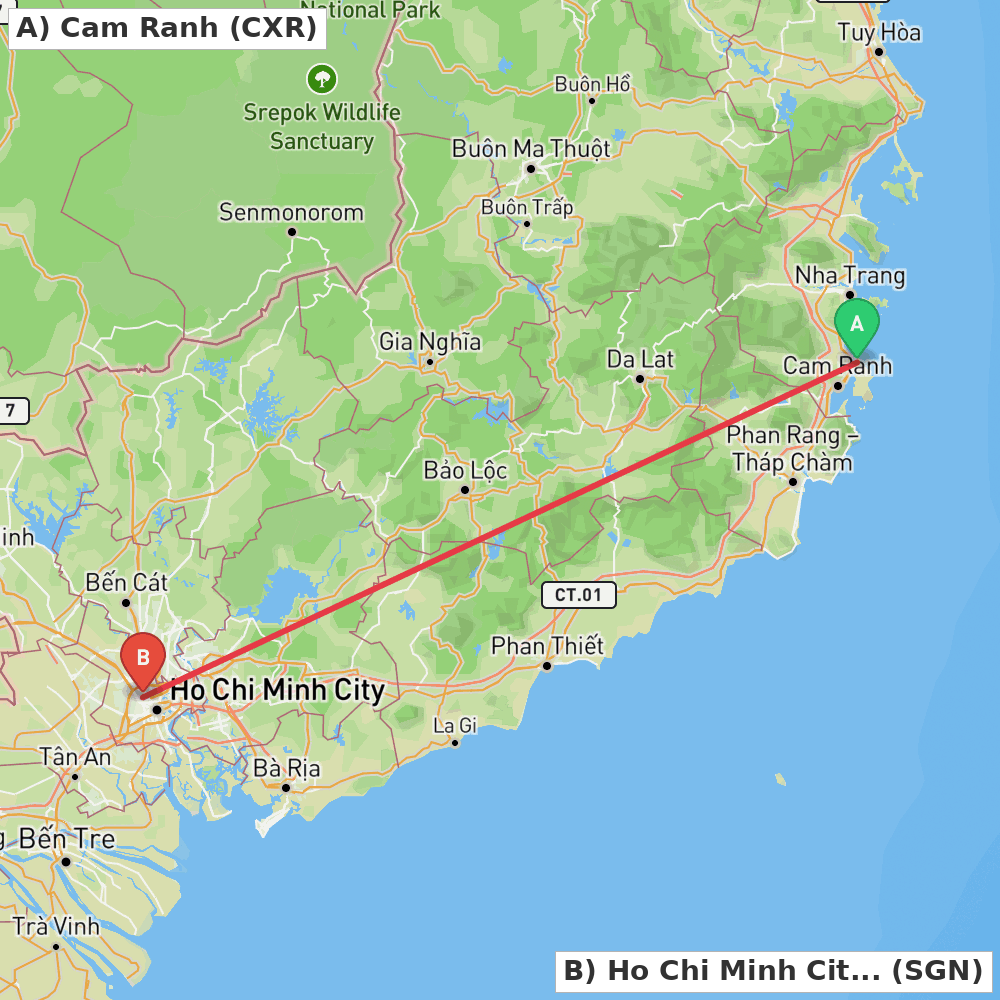 Flight route map from Cam Ranh to Ho Chi Minh City