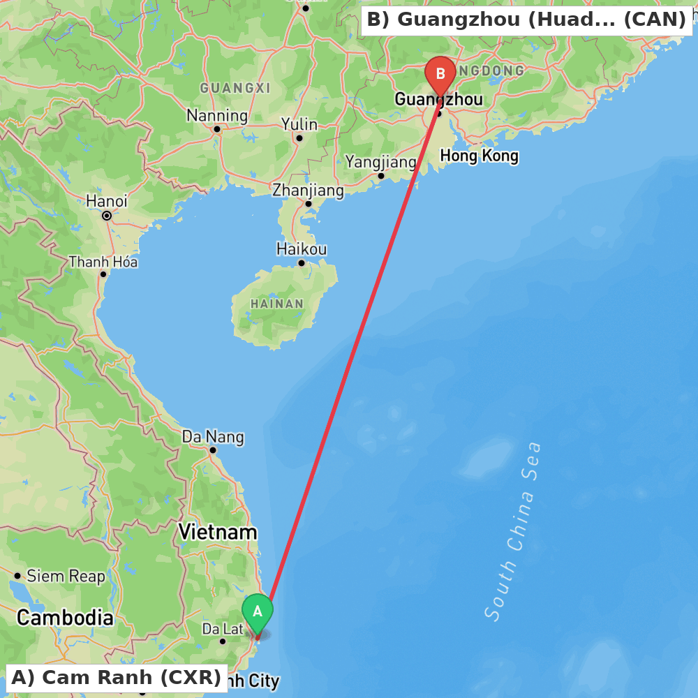 Flight route map from Cam Ranh to Guangzhou (Huadu)