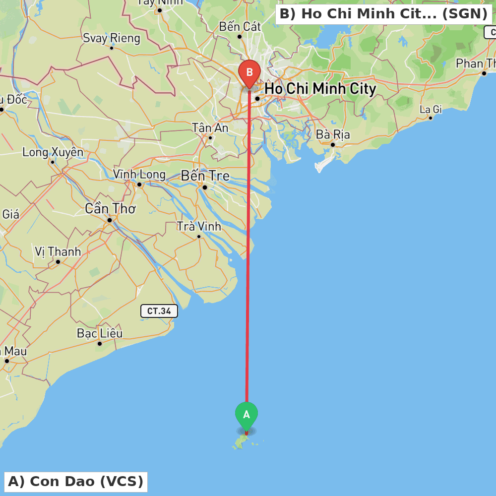 Flight route map from Con Dao to Ho Chi Minh City