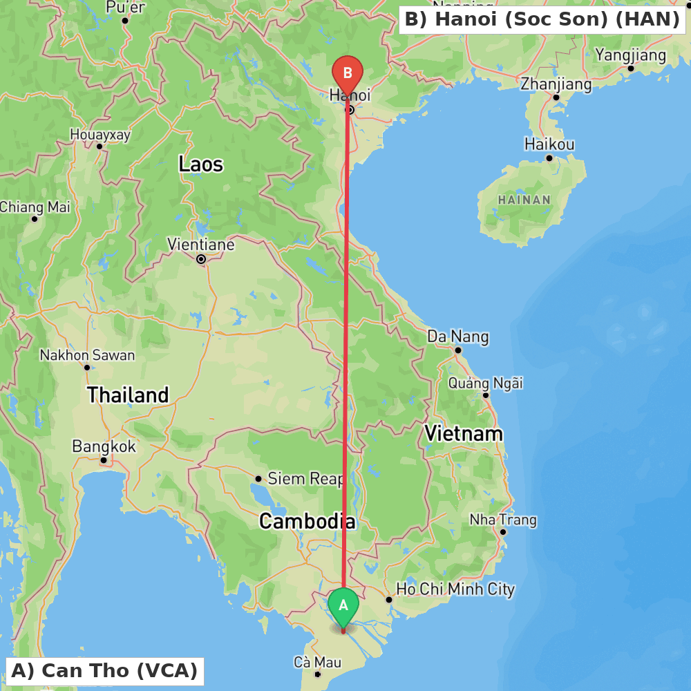 Flight route map from Can Tho to Hanoi (Soc Son)