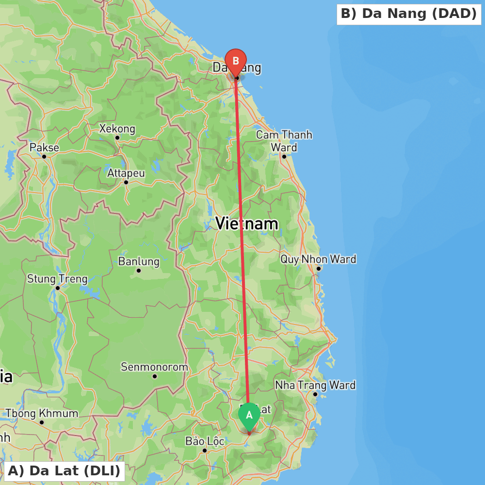 Flight route map from Da Lat to Da Nang