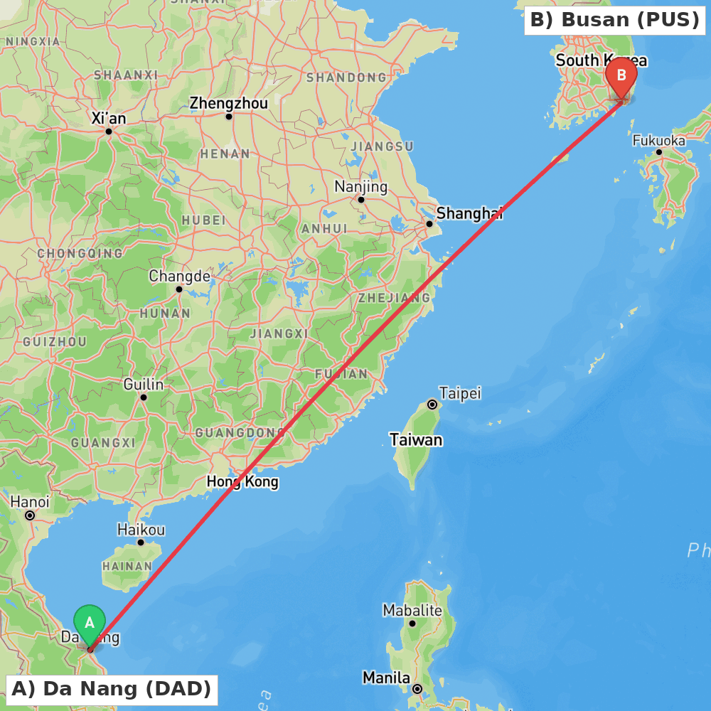 Flight route map from Da Nang to Busan