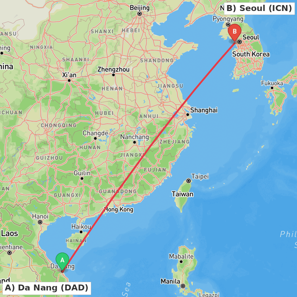 Flight route map from Da Nang to Seoul