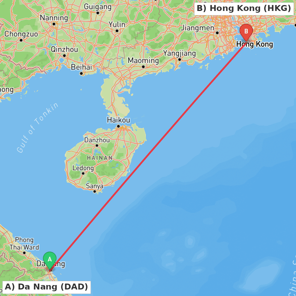 Flight route map from Da Nang to Hong Kong