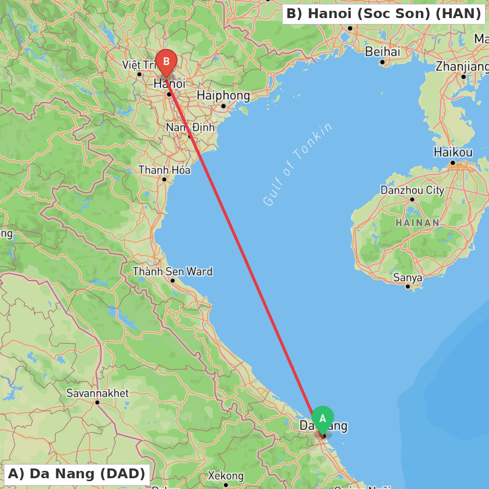 Flight route map from Da Nang to Hanoi (Soc Son)