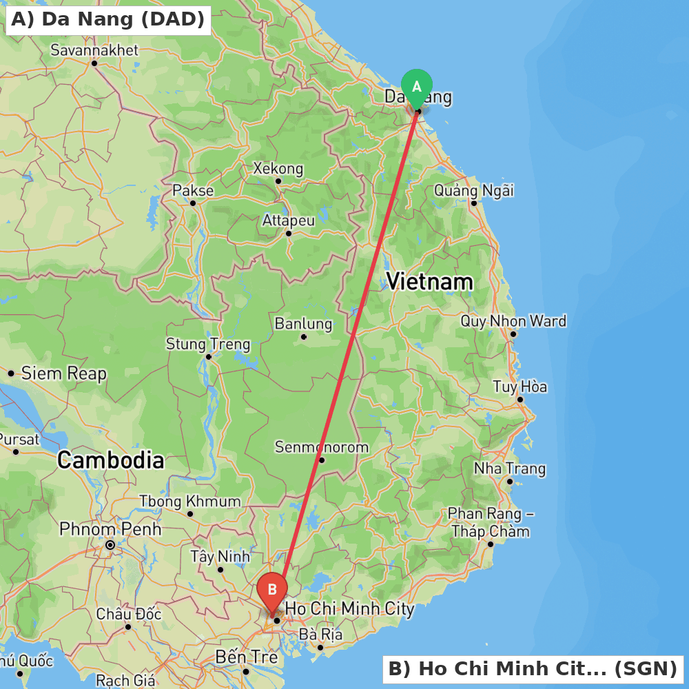 Flight route map from Da Nang to Ho Chi Minh City