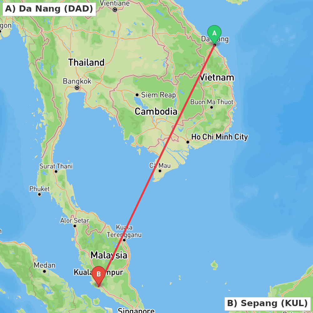 Flight route map from Da Nang to Sepang
