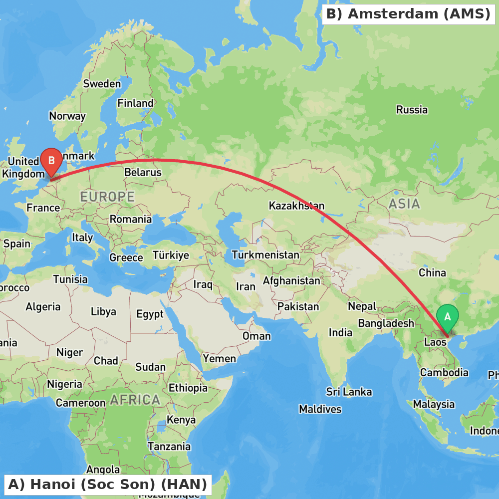 Flight route map from Hanoi (Soc Son) to Amsterdam