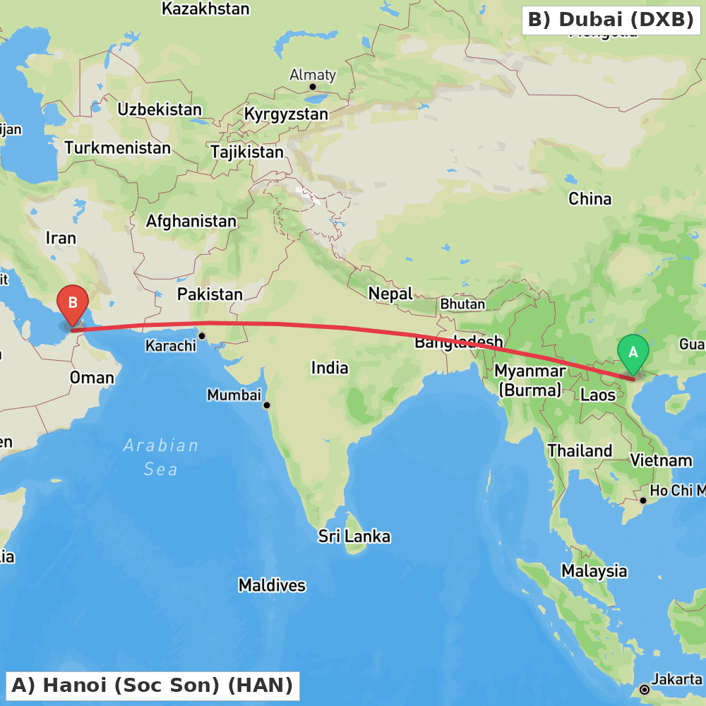 Flight route map from Hanoi (Soc Son) to Dubai