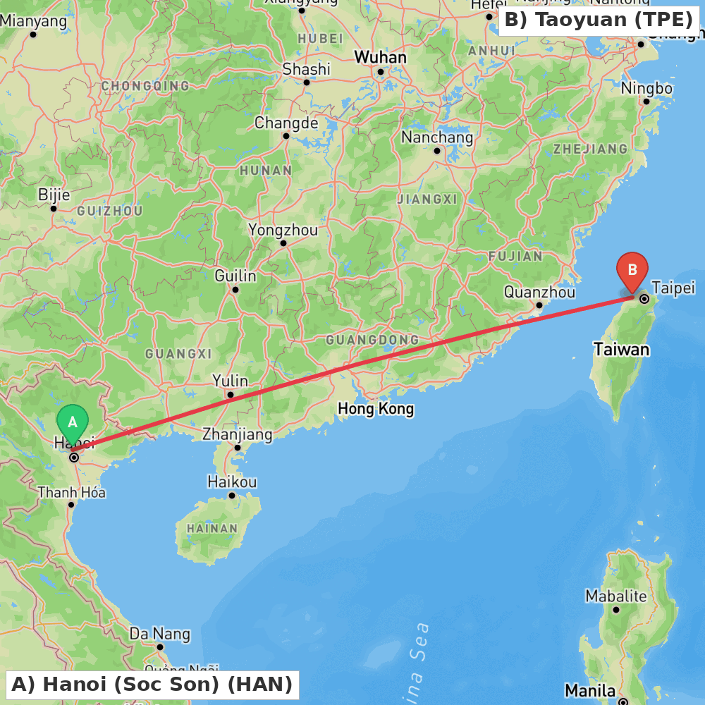 Flight route map from Hanoi (Soc Son) to Taoyuan