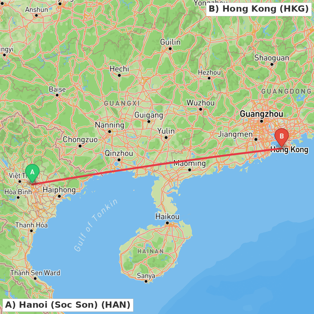 Flight route map from Hanoi (Soc Son) to Hong Kong