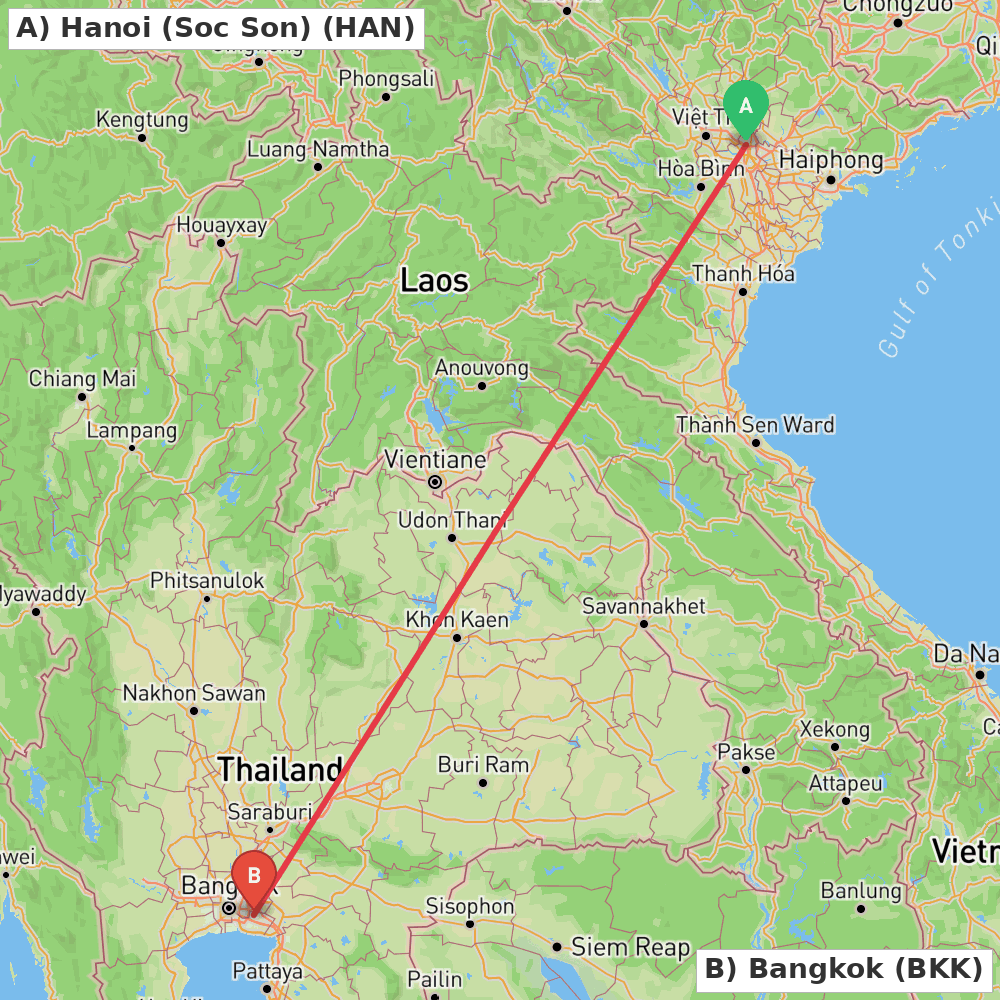 Flight route map from Hanoi (Soc Son) to Bangkok