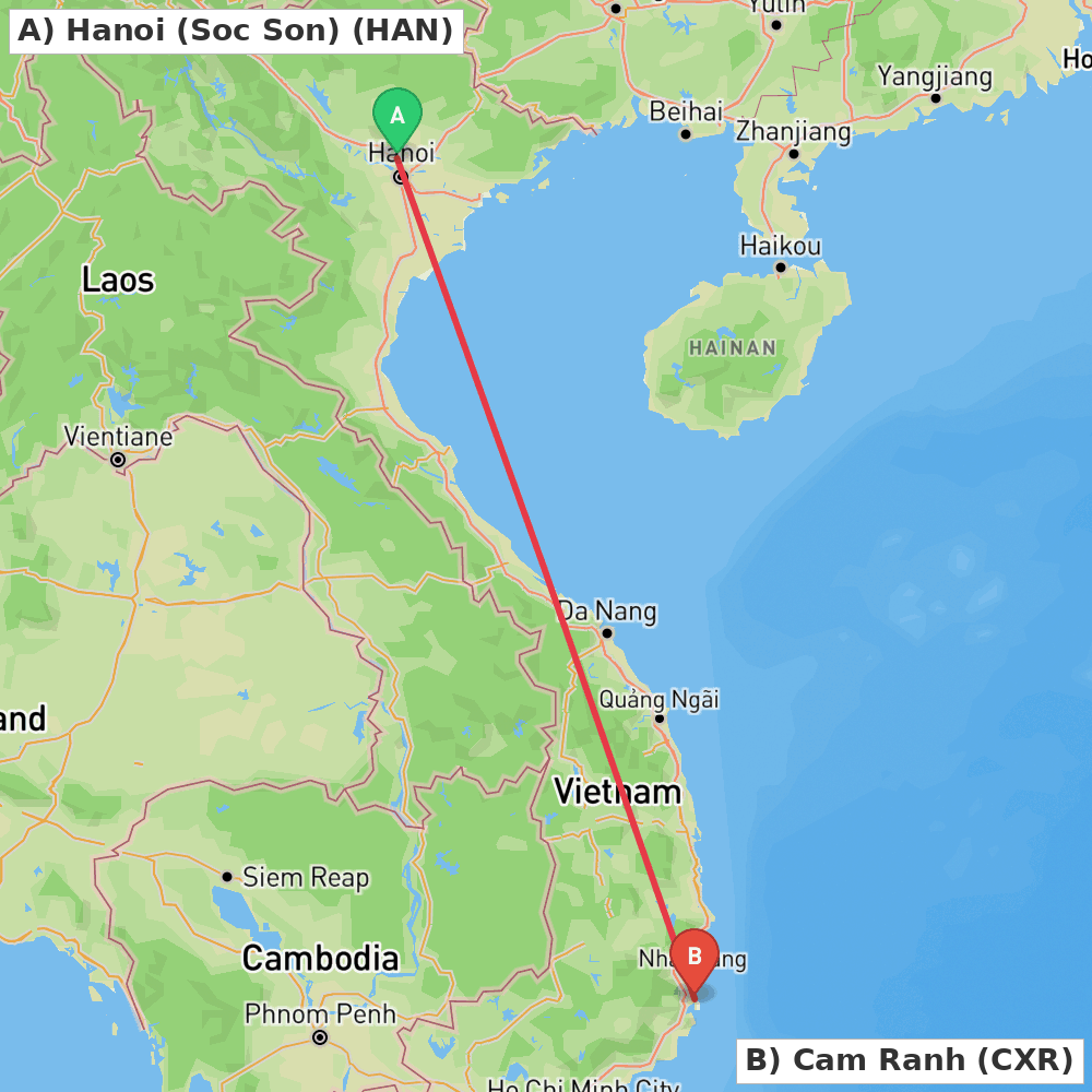 Flight route map from Hanoi (Soc Son) to Cam Ranh