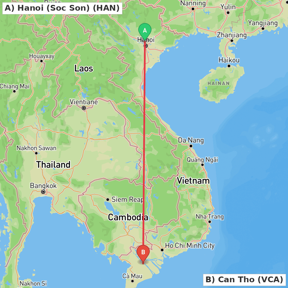 Flight route map from Hanoi (Soc Son) to Can Tho