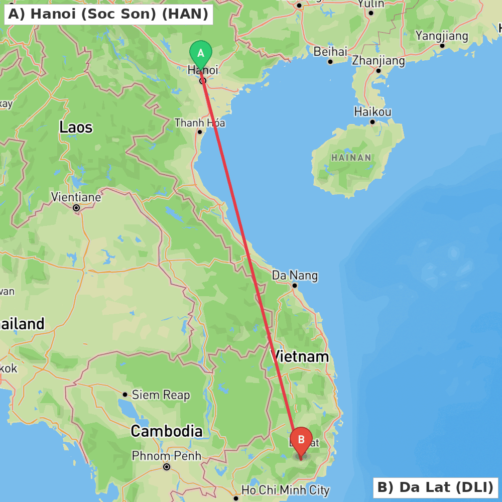 Flight route map from Hanoi (Soc Son) to Da Lat
