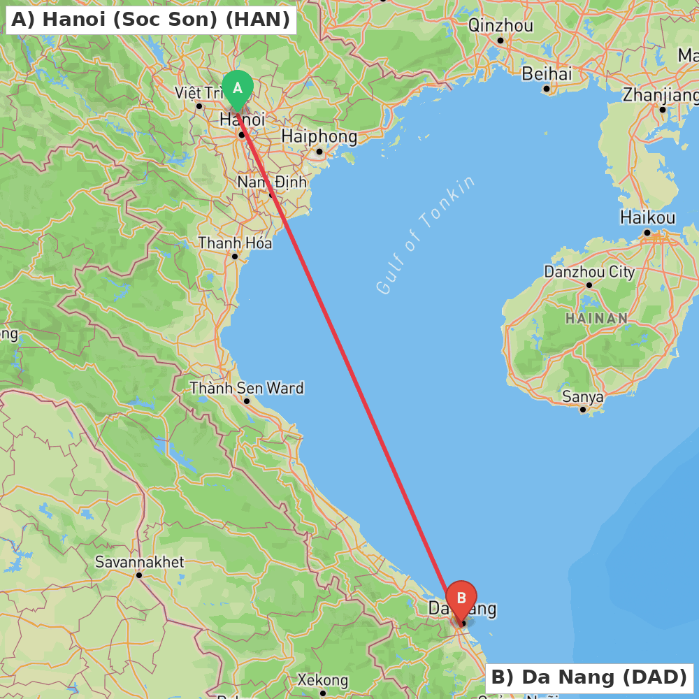 Flight route map from Hanoi (Soc Son) to Da Nang