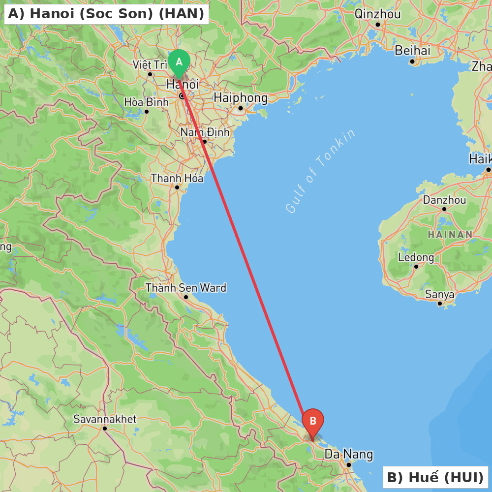 Flight route map from Hanoi (Soc Son) to Huế