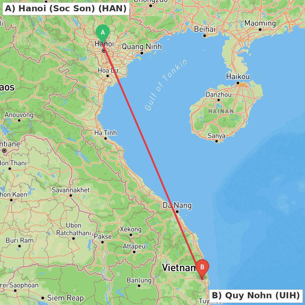 Flight route map from Hanoi (Soc Son) to Quy Nohn