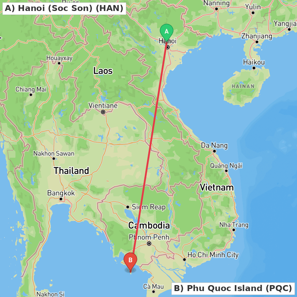 Flight route map from Hanoi (Soc Son) to Phu Quoc Island
