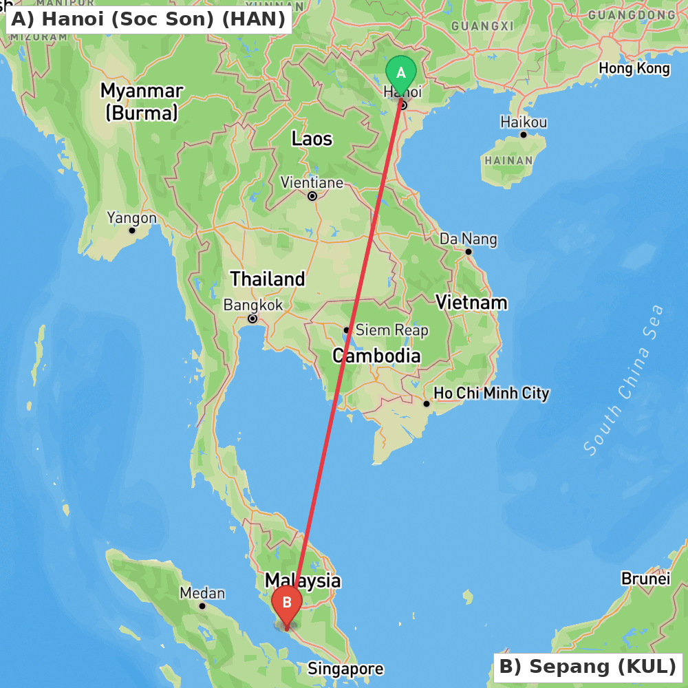 Flight route map from Hanoi (Soc Son) to Sepang