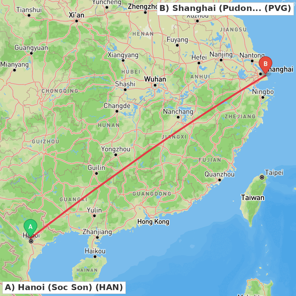 Flight route map from Hanoi (Soc Son) to Shanghai (Pudong)