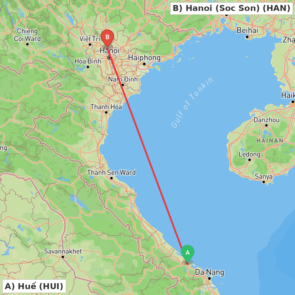 Flight route map from Huế to Hanoi (Soc Son)