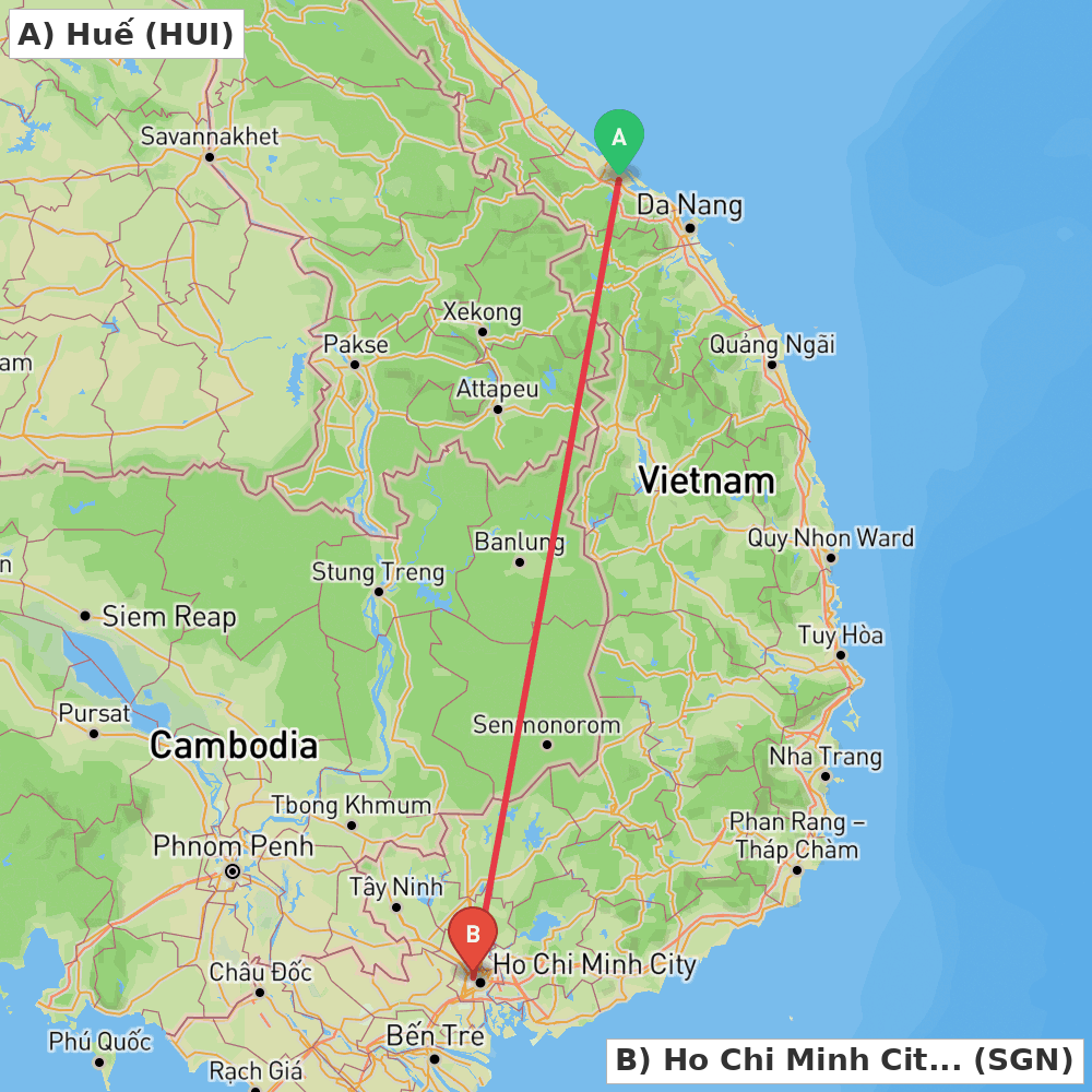 Flight route map from Huế to Ho Chi Minh City